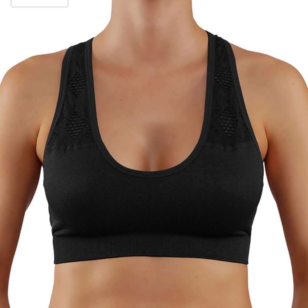 Black push up sports bra laser cut details support yoga workout top